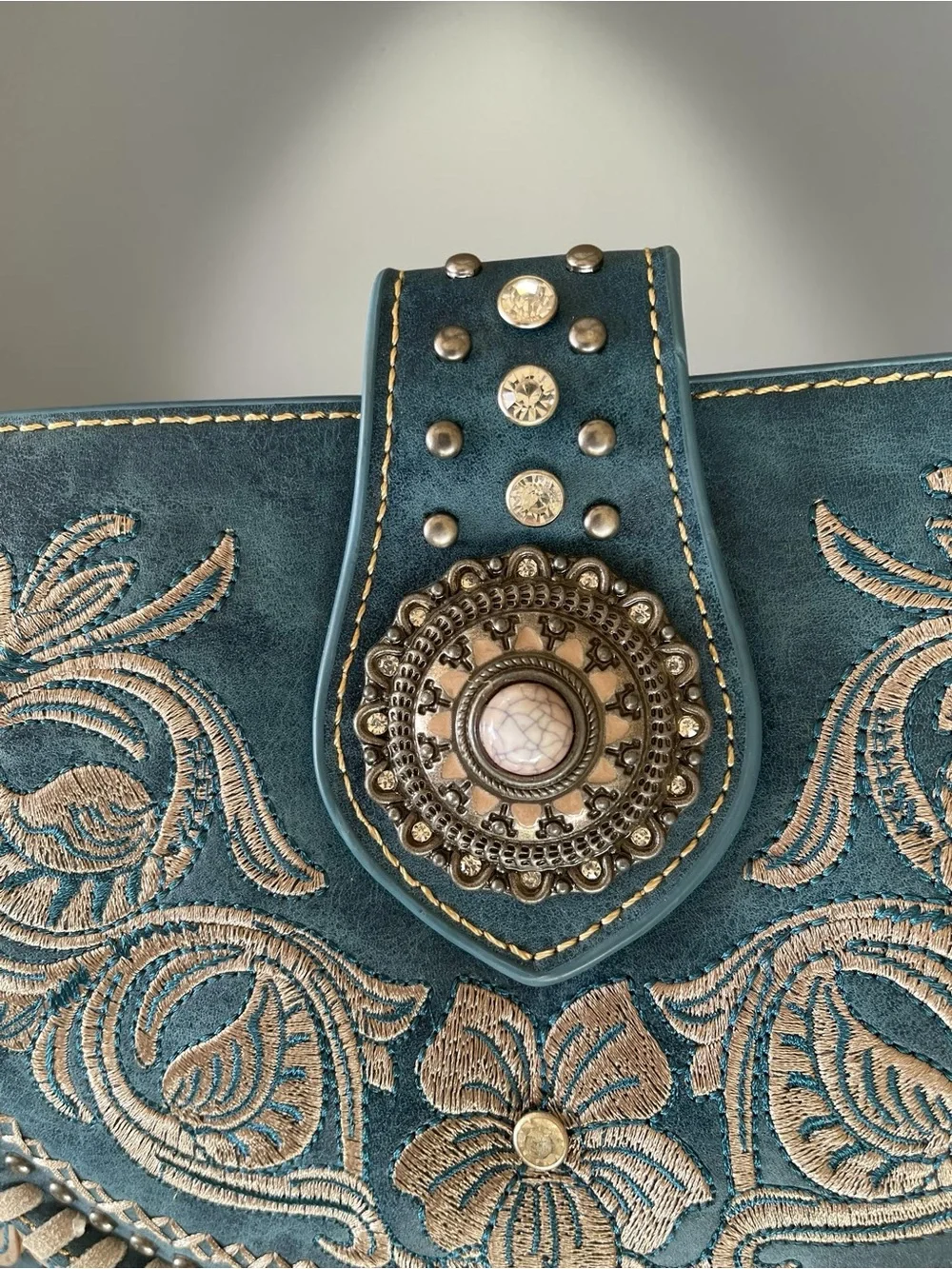 NWOT Montana West Turquoise Tooled Faux Leather Studded Western Tote Handbag